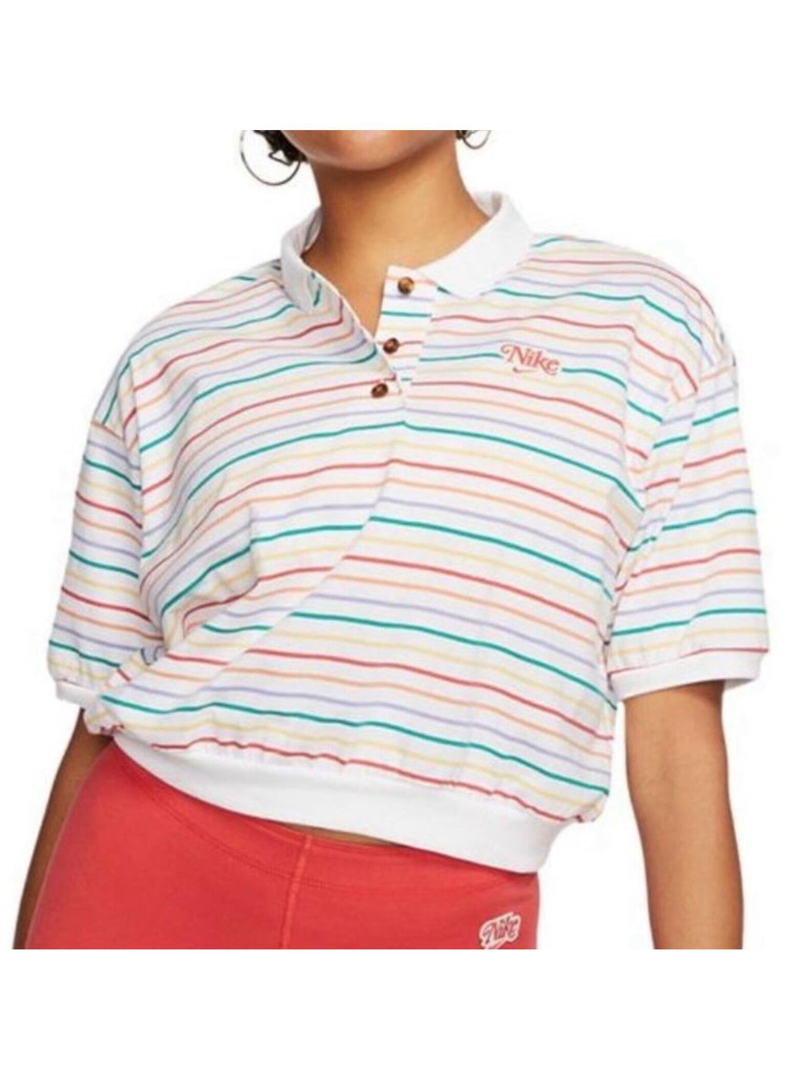 Euc Nike Multi Stripe Crop Polo Sz Small T Shirt Women’s White Rainbow
